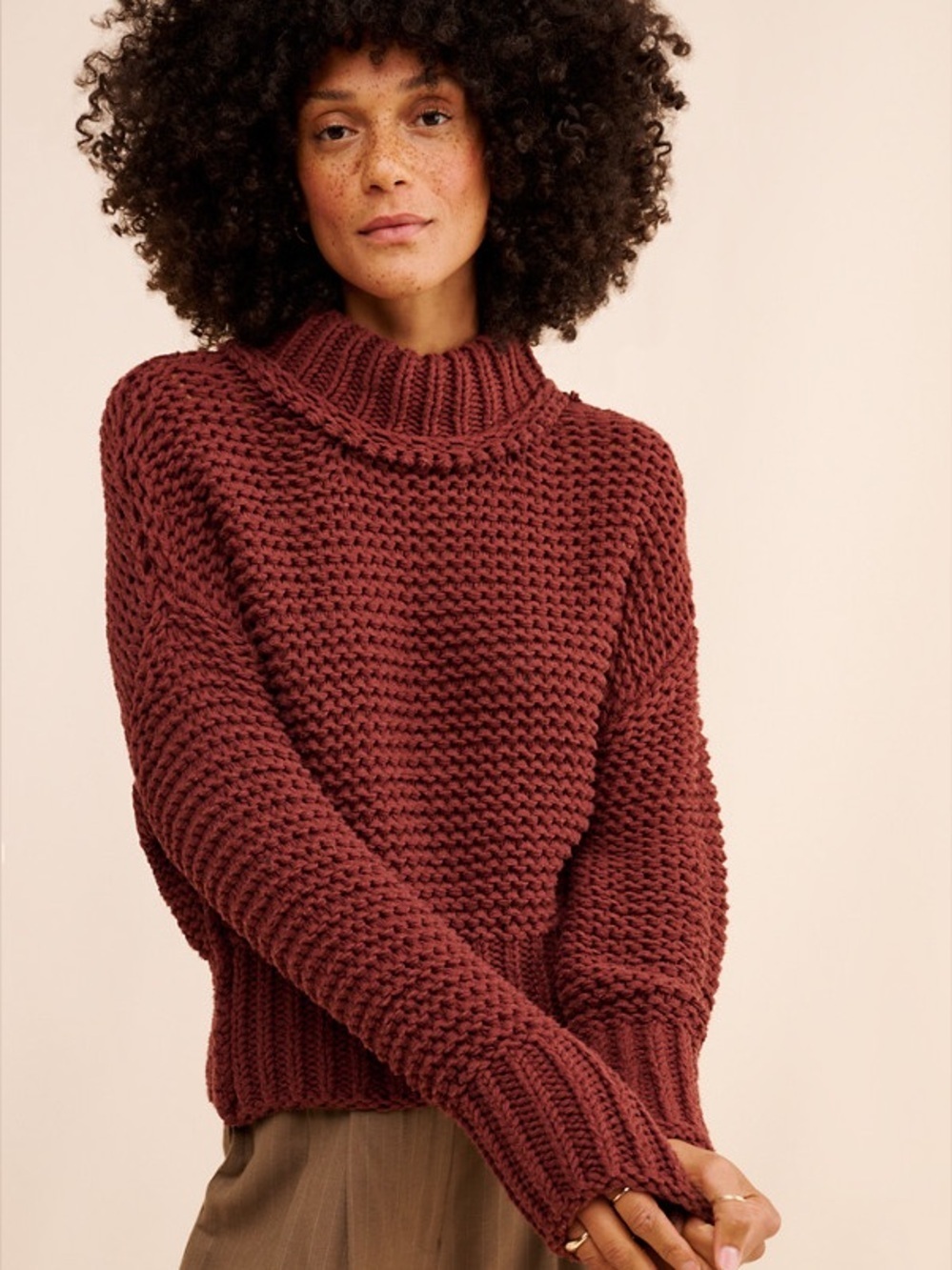 Free People My Only Sunshine Chunky Knit Turtleneck Sweater - Wine Red